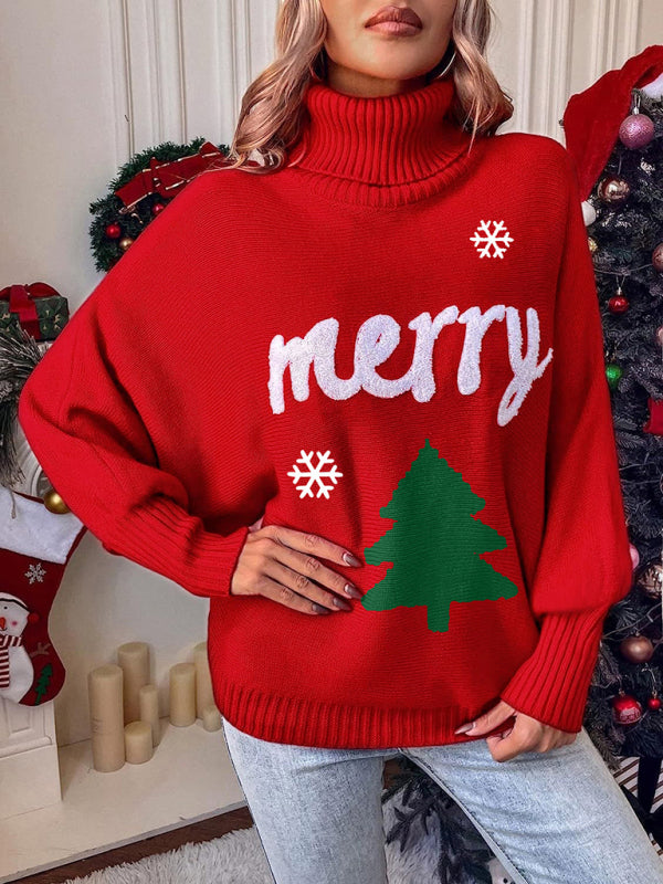 Merry Christmas Print Bat Sleeve Knitted Sweater