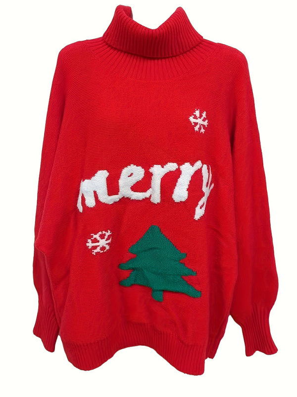 Merry Christmas Print Bat Sleeve Knitted Sweater