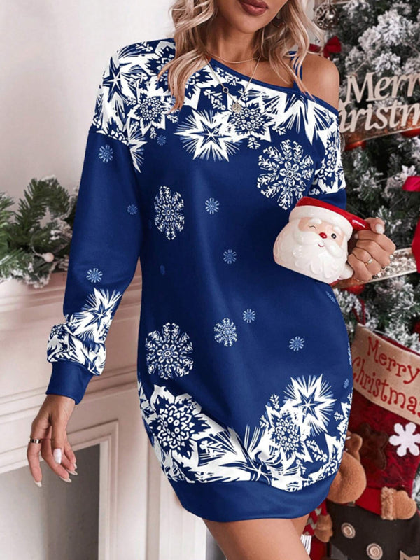 Christmas Print Off-the-shoulder Sweater Dress