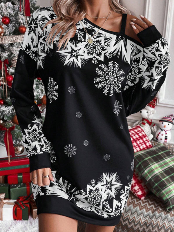 Christmas Print Off-the-shoulder Sweater Dress