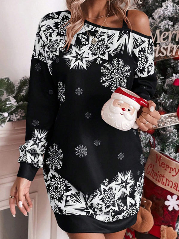 Christmas Print Off-the-shoulder Sweater Dress