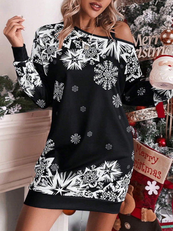 Christmas Print Off-the-shoulder Sweater Dress