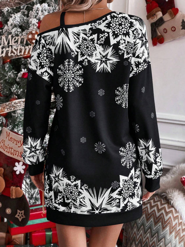 Christmas Print Off-the-shoulder Sweater Dress