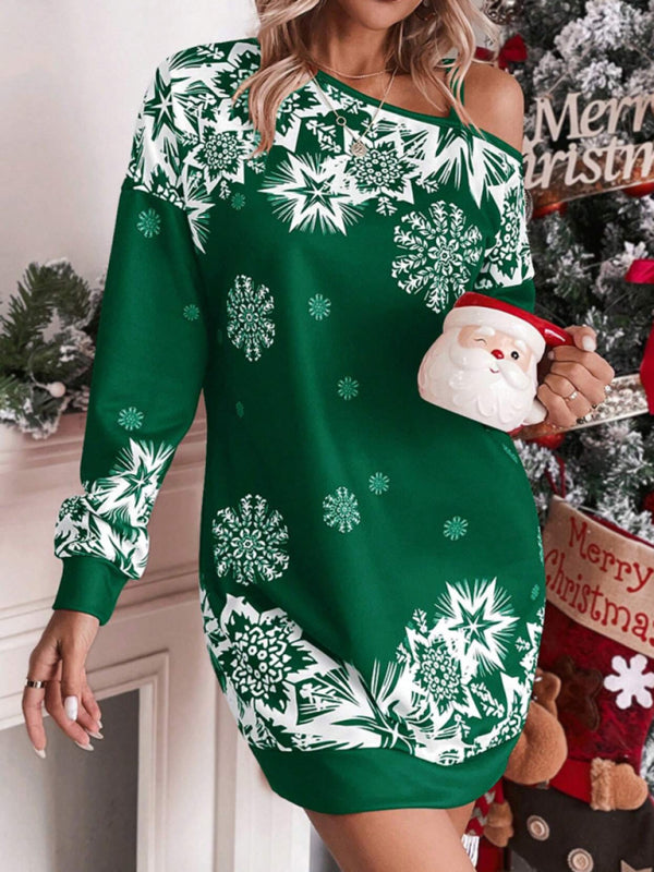 Christmas Print Off-the-shoulder Sweater Dress