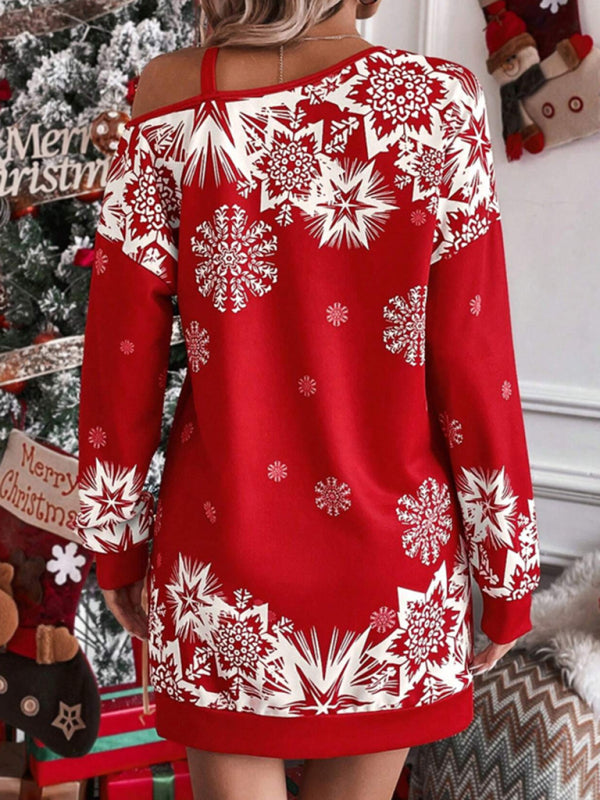 Christmas Print Off-the-shoulder Sweater Dress