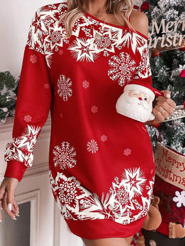 Christmas Print Off-the-shoulder Sweater Dress