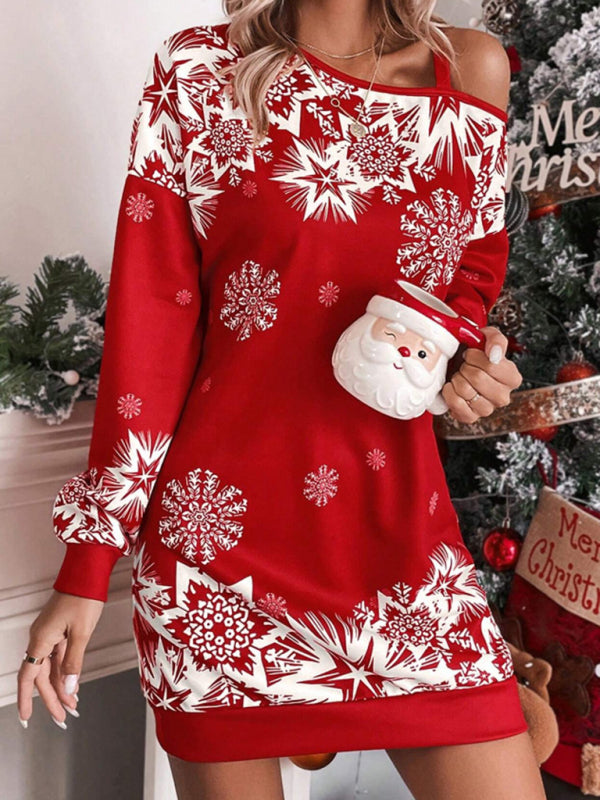 Christmas Print Off-the-shoulder Sweater Dress