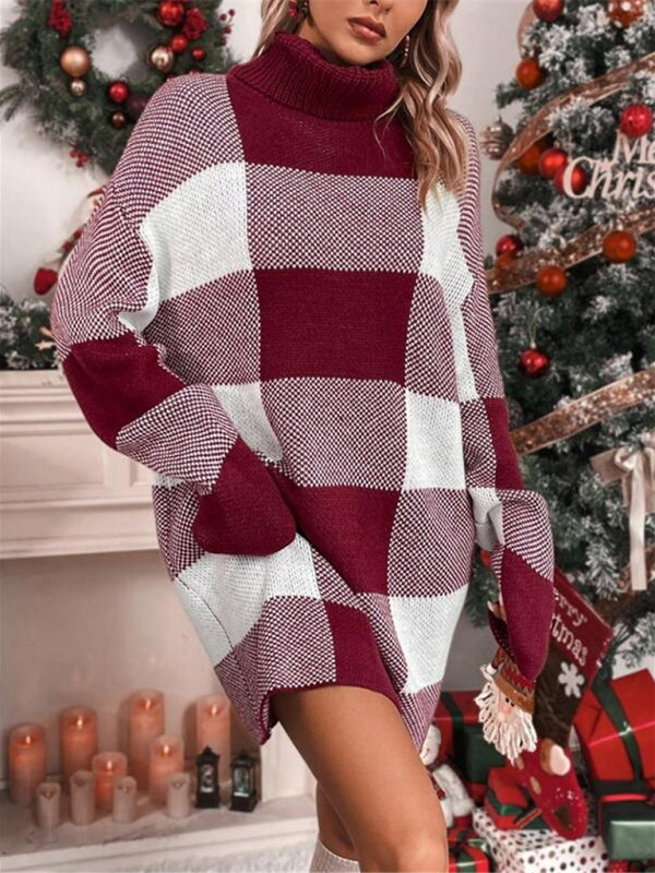 Christmas Print Plaid Turtleneck Loose Sweater Dress