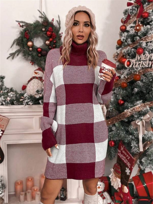 Christmas Print Plaid Turtleneck Loose Sweater Dress