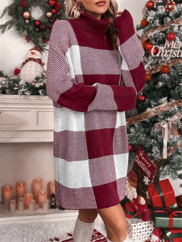 Christmas Print Plaid Turtleneck Loose Sweater Dress