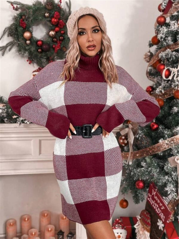 Christmas Print Plaid Turtleneck Loose Sweater Dress