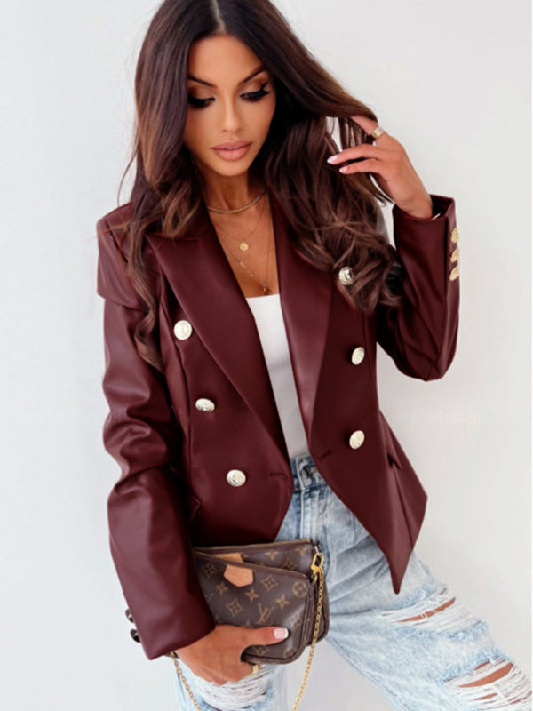 PU Leather Double-breasted Jacket