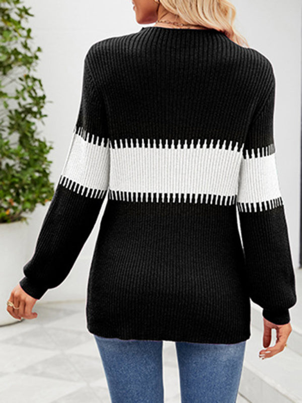 Contrast Color Spliced Turtleneck Sweater - Arabella's Couture 