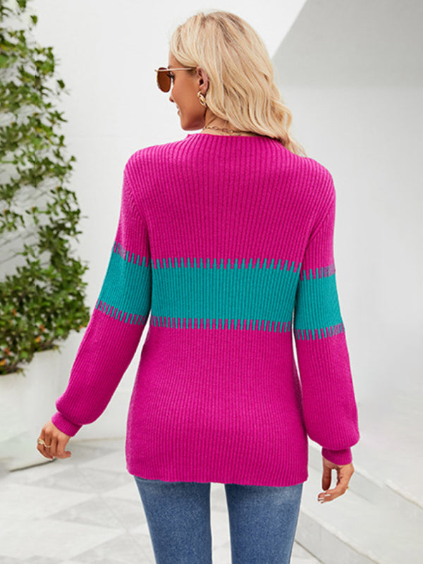 Contrast Color Spliced Turtleneck Sweater - Arabella's Couture 