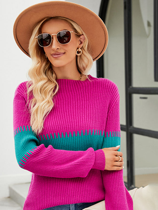 Contrast Color Spliced Turtleneck Sweater - Arabella's Couture 