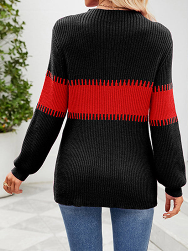 Contrast Color Spliced Turtleneck Sweater - Arabella's Couture 