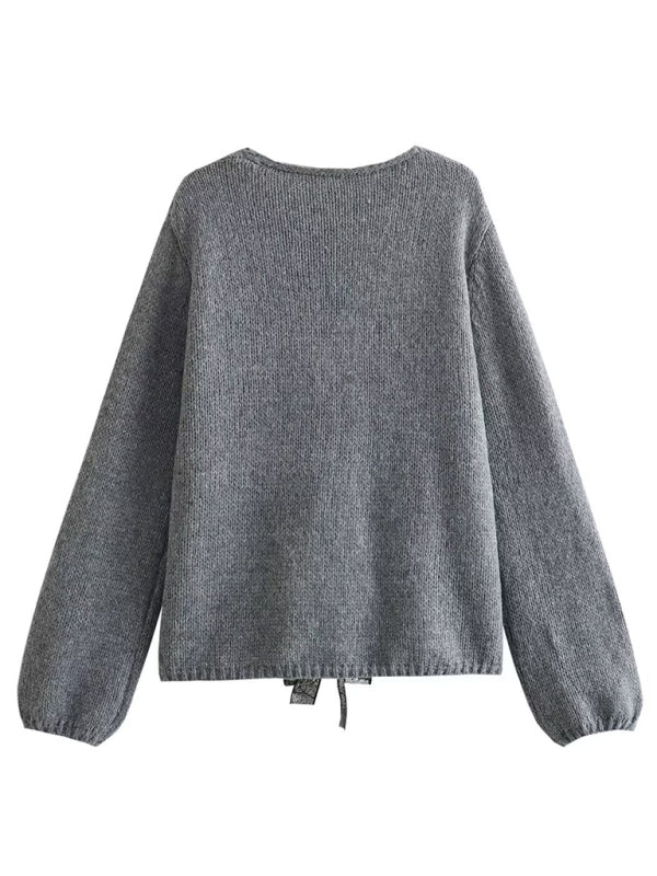 Sequin Bow V-neck Loose Sweater - Arabella's Couture 