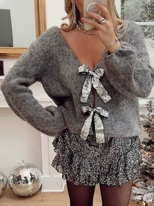 Sequin Bow V-neck Loose Sweater - Arabella's Couture 