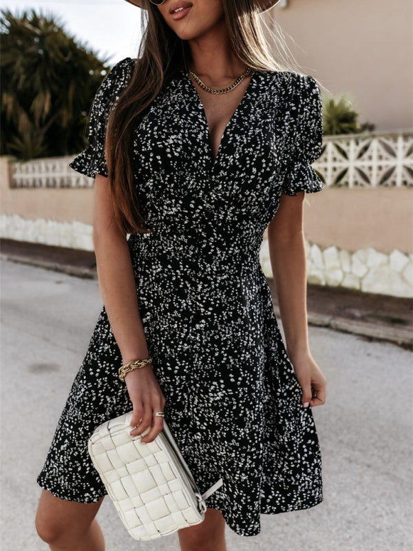 Printed V-Neck Ruffle Sleeve Dress