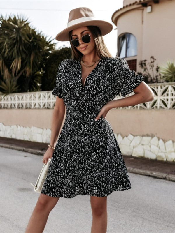 Printed V-Neck Ruffle Sleeve Dress