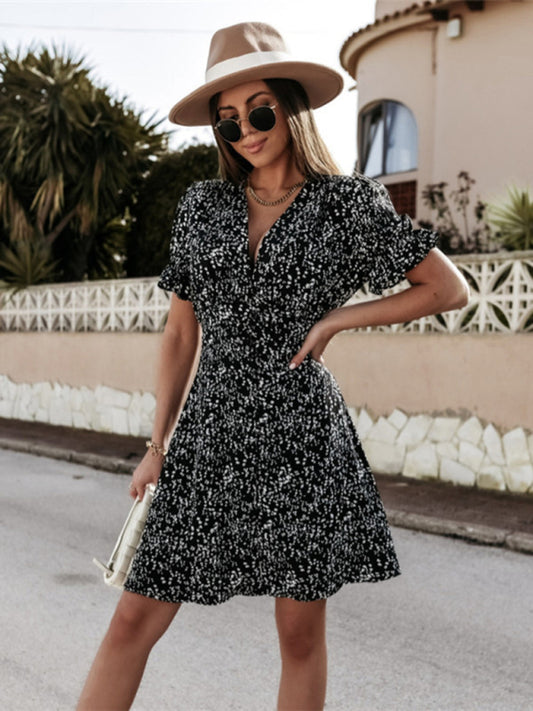 Printed V-Neck Ruffle Sleeve Dress