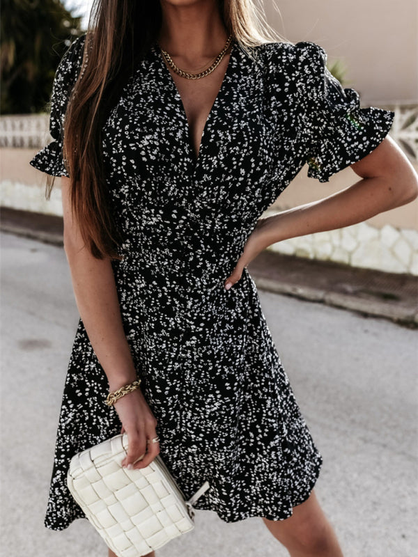 Printed V-Neck Ruffle Sleeve Dress