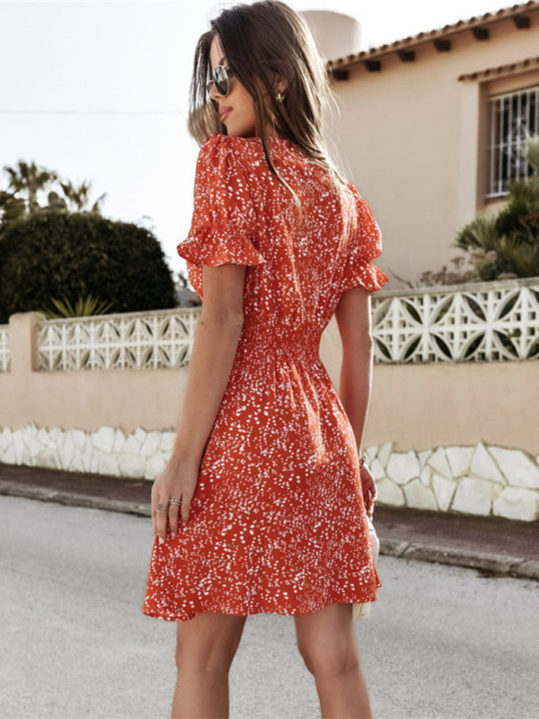 Printed V-Neck Ruffle Sleeve Dress