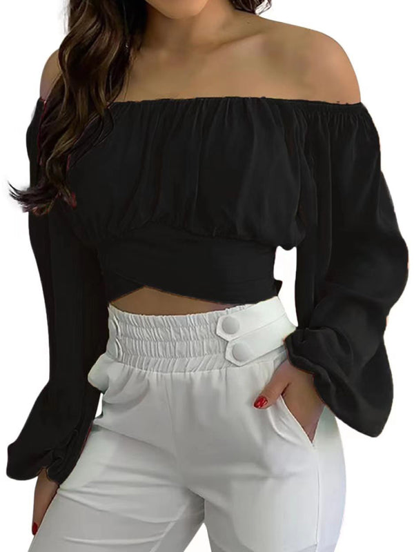 Off-shoulder Cross Strap Long Sleeve Top - Arabella's Couture 