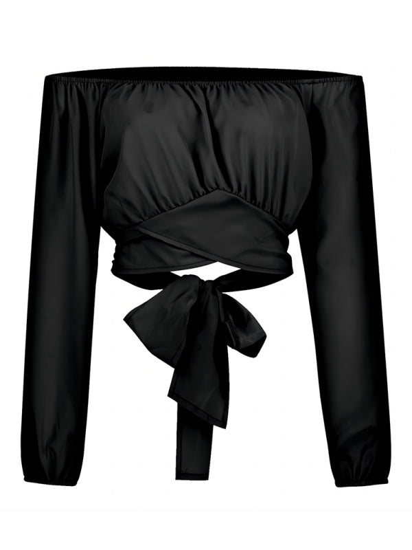 Off-shoulder Cross Strap Long Sleeve Top - Arabella's Couture 