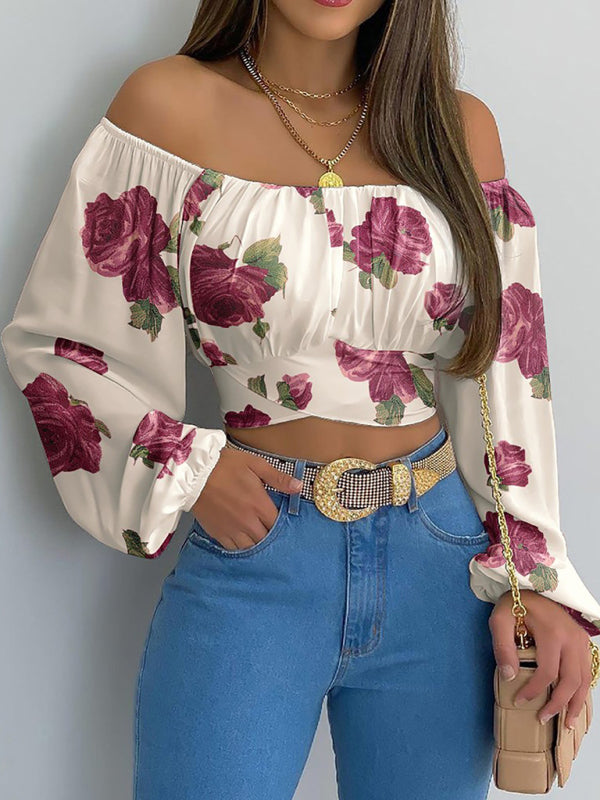 Off-shoulder Cross Strap Long Sleeve Top - Arabella's Couture 