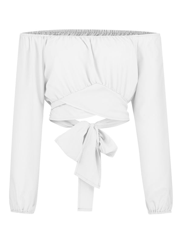 Off-shoulder Cross Strap Long Sleeve Top - Arabella's Couture 