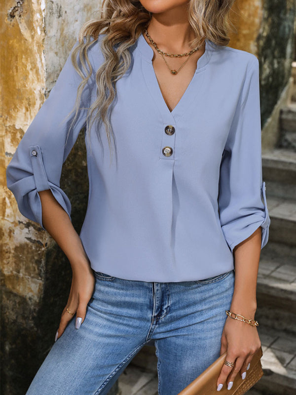 V-Neck Button-Down Pullover Shirt - Arabella's Couture 