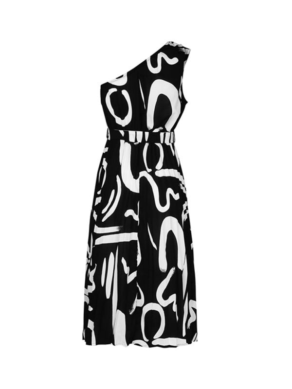 One-shoulder Print Sleeveless Dress
