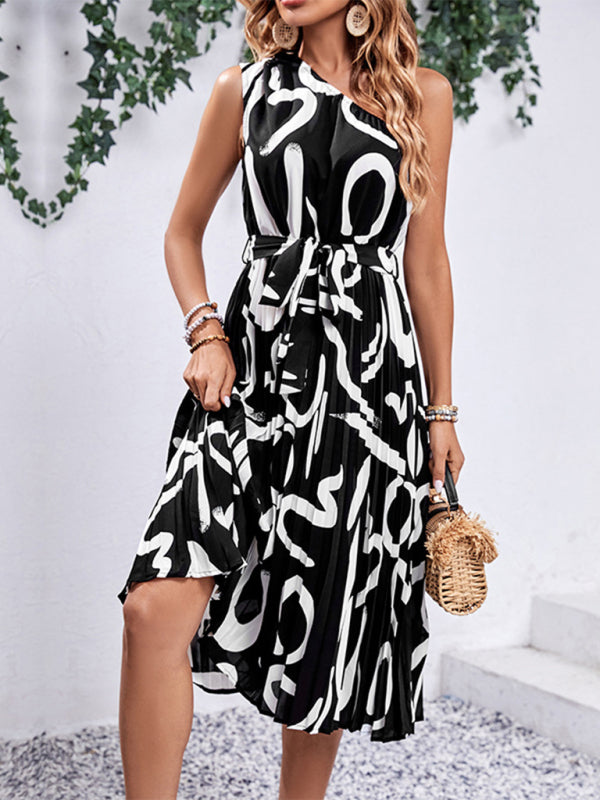 One-shoulder Print Sleeveless Dress