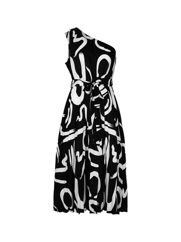 One-shoulder Print Sleeveless Dress