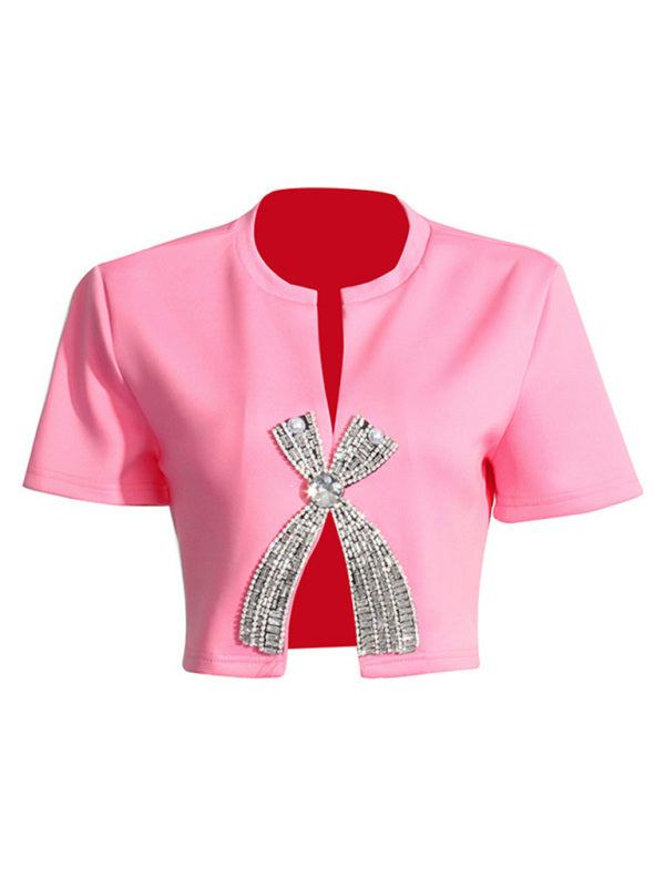 Diamond Sequined Bow Short-sleeved Top - Arabella's Couture 