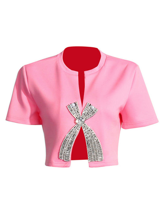 Diamond Sequined Bow Short-sleeved Top - Arabella's Couture 