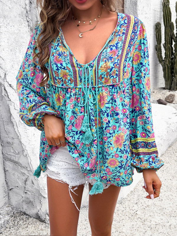 Bohemian Print Lace-up Long Sleeve Shirt - Arabella's Couture 