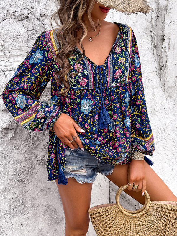 Bohemian Print Lace-up Long Sleeve Shirt - Arabella's Couture 