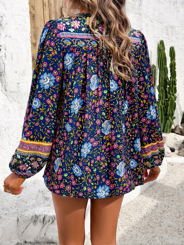 Bohemian Print Lace-up Long Sleeve Shirt - Arabella's Couture 