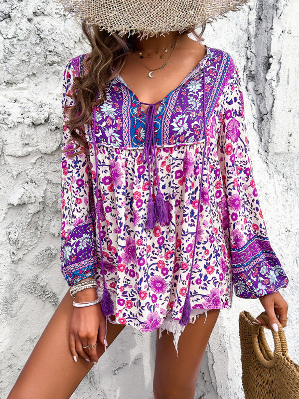 Bohemian Print Lace-up Long Sleeve Shirt - Arabella's Couture 