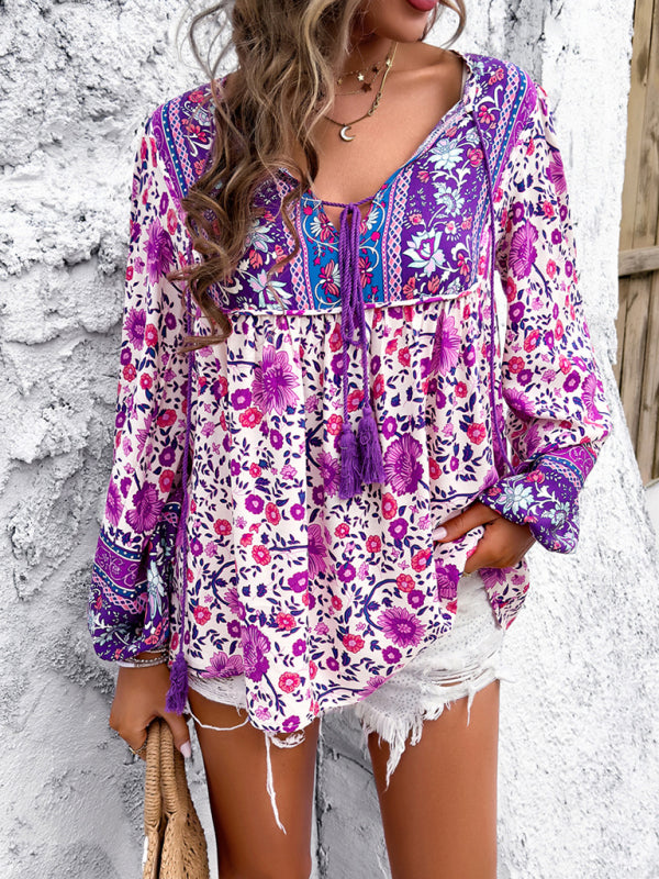 Bohemian Print Lace-up Long Sleeve Shirt - Arabella's Couture 