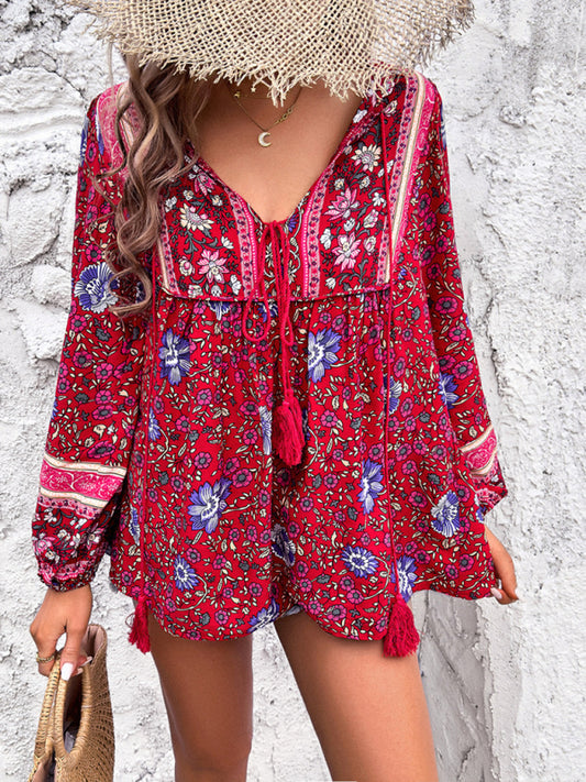 Bohemian Print Lace-up Long Sleeve Shirt - Arabella's Couture 