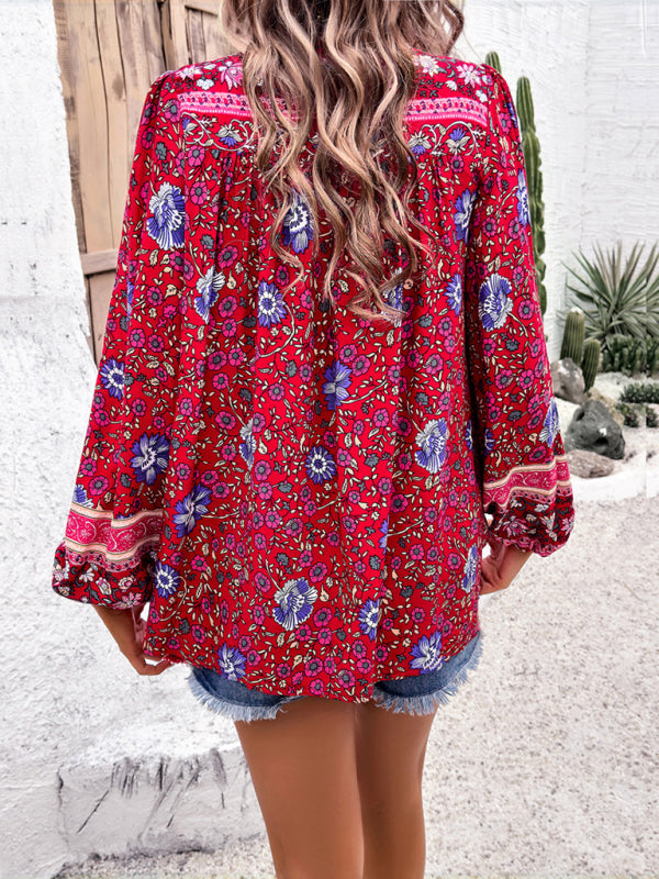 Bohemian Print Lace-up Long Sleeve Shirt - Arabella's Couture 