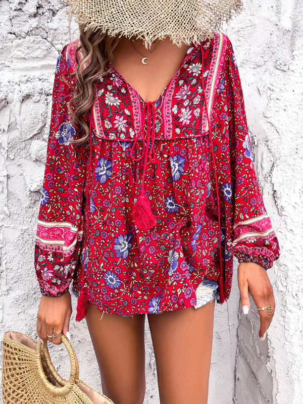 Bohemian Print Lace-up Long Sleeve Shirt - Arabella's Couture 