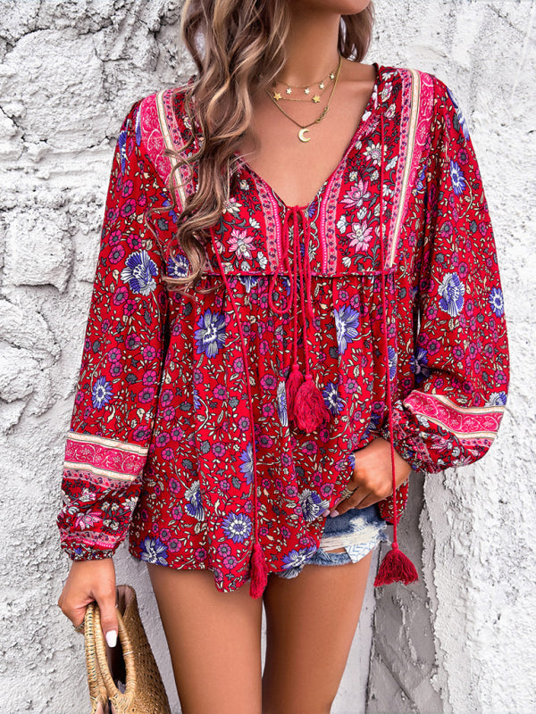 Bohemian Print Lace-up Long Sleeve Shirt - Arabella's Couture 