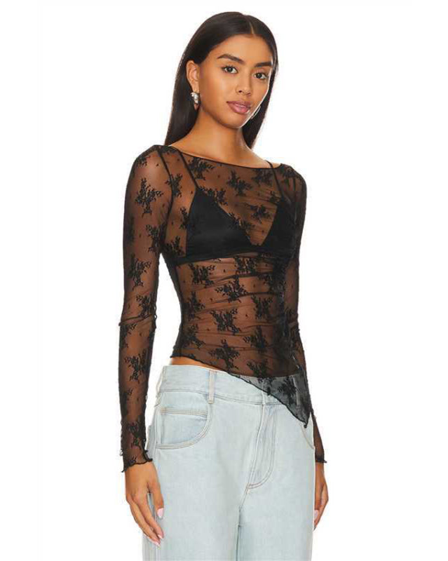 Mesh Long-sleeved Lace Top - Arabella's Couture 