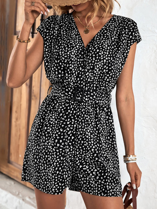 Leopard Print V-neck Shorts Jumpsuit - Arabella's Couture 