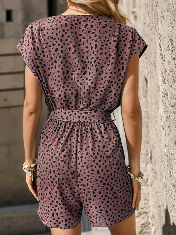 Leopard Print V-neck Shorts Jumpsuit - Arabella's Couture 