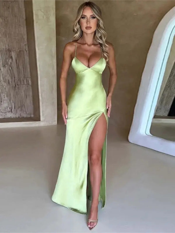 Satin V-neck High Slit Dress - Arabella's Couture 